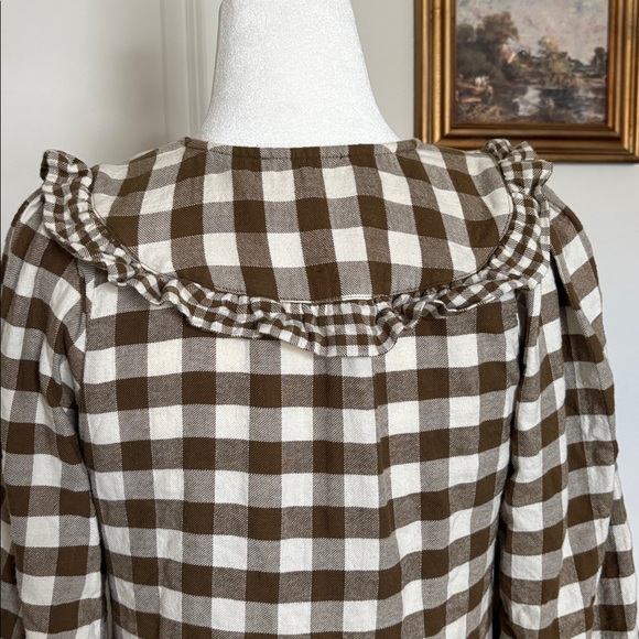 Madewell XS Olive/Brown and Cream Plaid flannel Dress ruffle Peter Pan collar - Picture 6 of 8